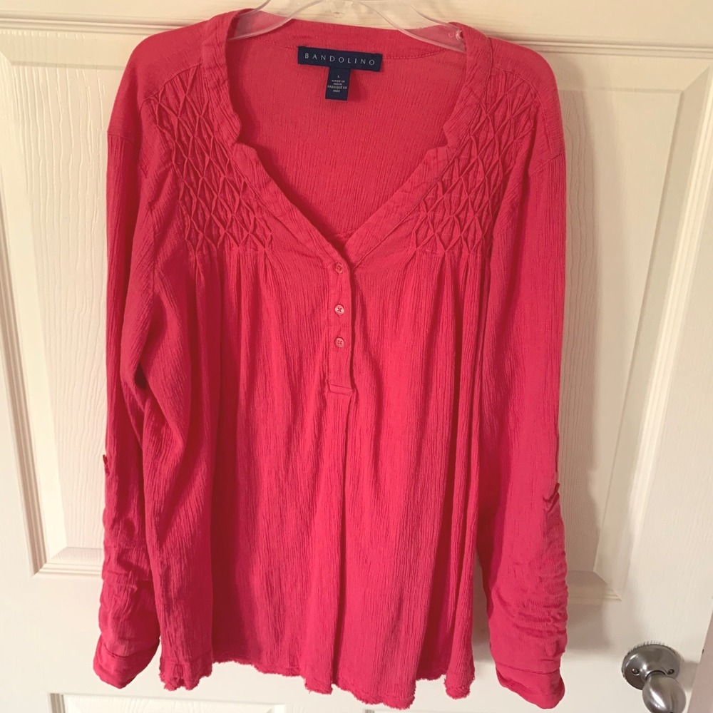 Bandolino Large Top Pink Corrine Smocked Henley Roll Tab Sleeve SDBW7759-PAP - Picture 10 of 10